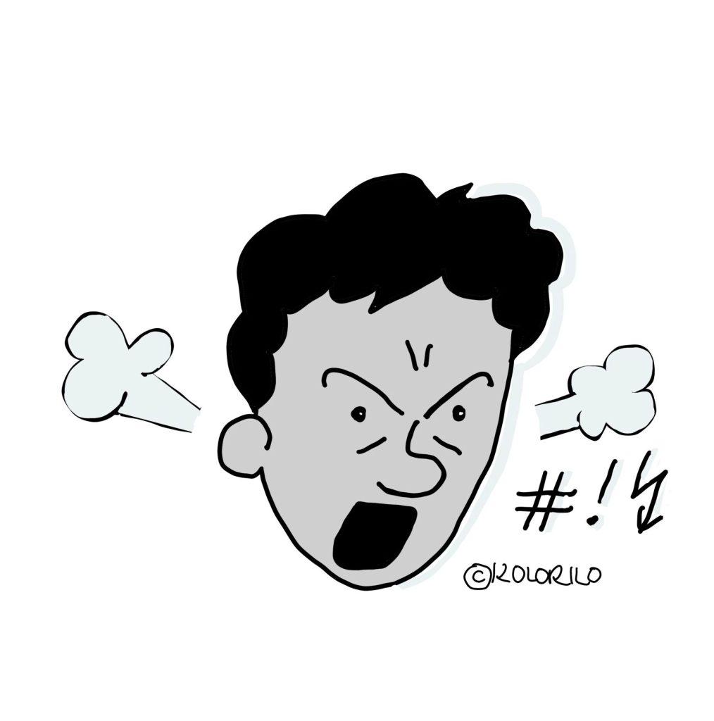 Dekoration, gezeichneter männlicher Kopf schreiend mit offenem Mund, drumherum Eichen für Wut wie Ausrufezeichen, Blitz