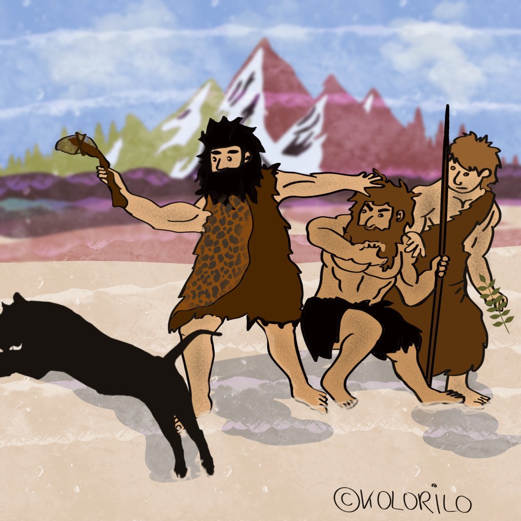 Das Bild (Cartoon) zeigt drei Steinzeitmänner. der vordere ist ein Jäger der mit erhobener Axt einen Leoparden erlegen will. Dabei hält der die anderen zwei Männer zurück. Die Kulisse bildet ein Gebirgszug.