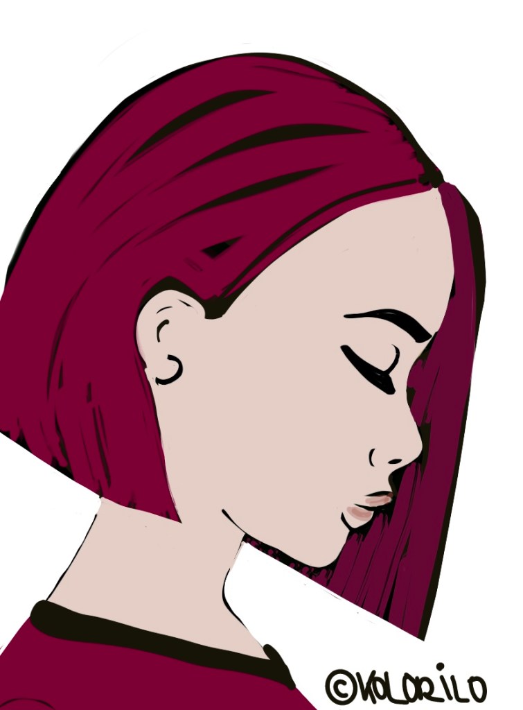 Illustration, Portrait einer jungen Frau, die den Kopf gesenkt und die Augen geschlossen hat. Symbolbild für emotionale Schwankungen.